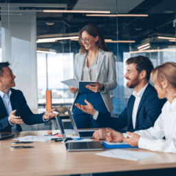 A group of business people partners during a set team meeting in the modern office.High quality