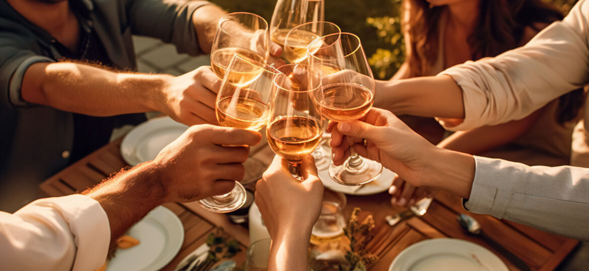 Happy friends having fun outdoor. Group of  friends having backyard dinner party together. Young people sitting at bar table toasting wine glasses in vineyards garden.  digital ai